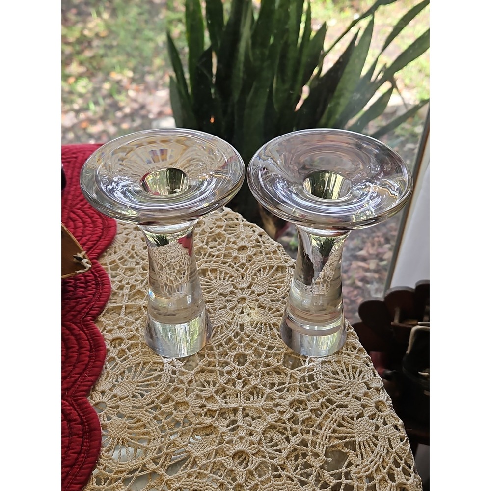 Tapio Wirkkala Crystal Glass Candlesticks Signed Littala Finland 6" Vintage MCM